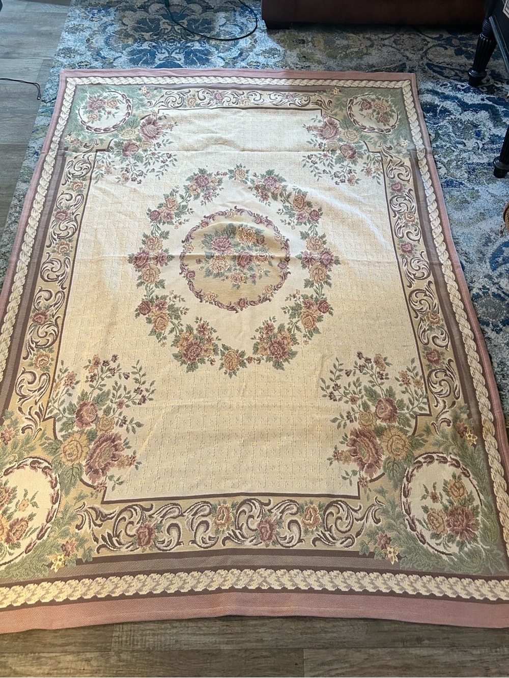 Vintage French Style RUG  Throw Roses Floral 100% Cotton Cottagecore Reversible